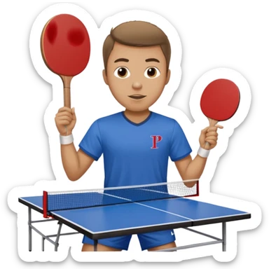 Guy playing ping pong on a 4x8 wooden table no net and only one paddle wearing a frat shirt with the letters beta theta pi on the front  sticker