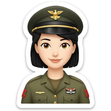 Apple-style emoji: female soldier, bust, no cap/helmet, friendly smile,black color blonde hair sticker