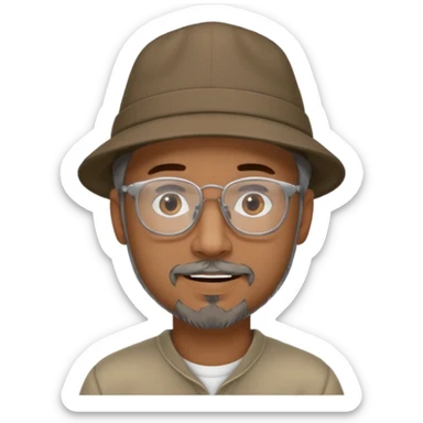 Brown man with hat no hair, but gray goatee, clear glasses and slightly smiling sticker
