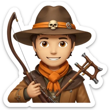 male human monster hunter emoji, wearing brown leather coat and wide hat, holding crossbow or rifle, with amulet shaped like skull, Halloween fantasy theme, confident smile, orange scarf, Apple emoji style, clean white background, square image sticker