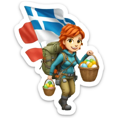Female winter mountain climber red hair climbing, holding Greek flag on backpack and holding Easter eggs basket sticker