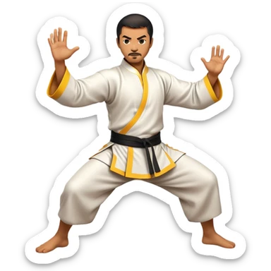 Cinematic Realistic Kung Fu Action Emoji, depicted as an epic martial arts scene with a master executing a precise move in traditional attire, rendered with fluid motion and vibrant textures under dramatic high-contrast lighting. sticker