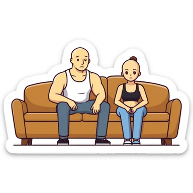 A bald man sitting on a couch. One Caucasian woman with brown hair, big boobs, wearing pants and a tank top, kneeling on the ground. sticker