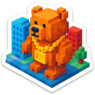 Russian grizzly bear with a rapper chain, in a city setting sticker