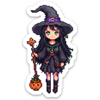 A cute witch with black hair and black eyes, pixel art style, full body. sticker