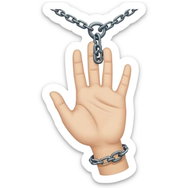 Minimalist emoji-style sticker of a human hand bound by a chain leading to a video camera. Icon-like, clean silhouette, muted tones. sticker