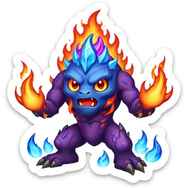 a mystical fast lava creature without arms with molten lava on its head and some rocky shoulders, fire crystals, blue flames, fire legs, no background, purple flames, mystical eyes sticker