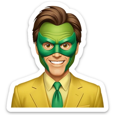 Icon for The Mask Movie: A vintage movie poster-style design with Jim Carrey’s iconic green mask, exaggerated facial expression, and comedic pose. Include elements like the yellow suit, cartoonish transformations, and bright, energetic colors. Retro cinematic feel. Transparent background. sticker