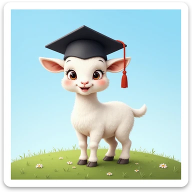 cute white goat with black graduation cap, standing on green grass under bright blue sky, proud and confident expression, semi-realistic style sticker