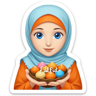 Turkish beautiful finish Konya girl blue eyes with orange hijab islamic dress and had on her hand text Eid Mubarak with sweets and celebrating with her friends eid days   sticker