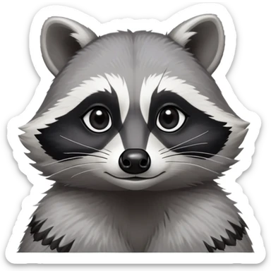 Cinematic-Noble-Raccoon-Portrait-Emoji – Poised and confident, with a sturdy build and a beautifully textured fur of silver-grey accented by dark black facial markings, deep-set, large big black eyes revealing no white, simplified yet sharp and sophisticated zoom out to show shoulders sticker