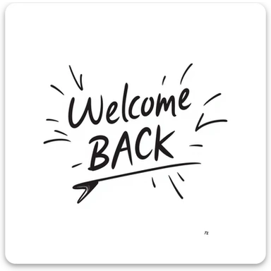 'Welcome Back' sign with hand-drawn doodle-style letters and streamers, black outlines sticker