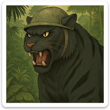 Add a lush jungle background behind the angry black tiger wearing a helmet, keep the original style and mood sticker