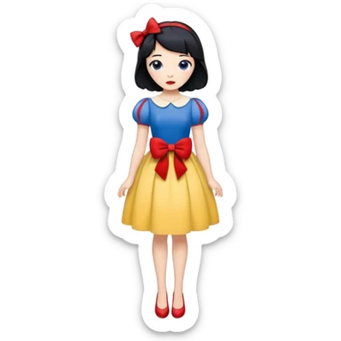 full body Snow White with blue and yellow dress, short black hair with red bow, minimal style sticker