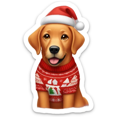 Fox red Labrador wearing Christmas jumper and hat sticker