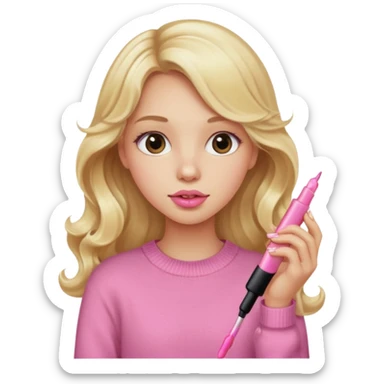 A long curled blonde haired  young girl with a pink sweater and holding a lip gloss sticker