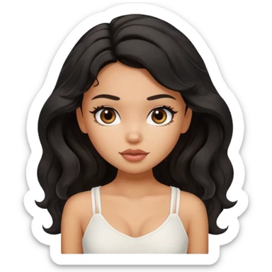 a pretty bratz tan girl with wavy black hair wearing a white cami top. Skintone is tan sticker