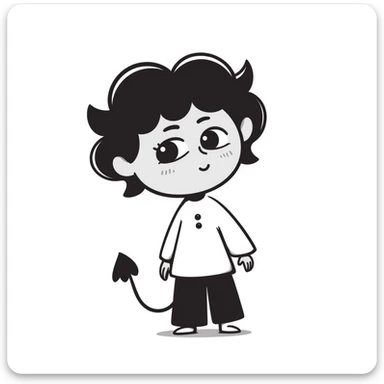 hand-drawn chibi demon with big innocent eyes, small pointy tail, and adorable expressive face sticker