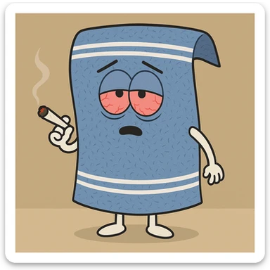 blue towel with arms and legs in South Park cartoon style, holding a joint, red eyes sticker