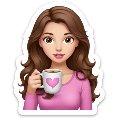 girl with long wavy brown hair, brown eyes, long lashes, pink lips, light to medium complexion, pink sexy top, with a coffee mug sticker
