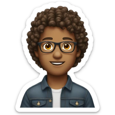 generate a boy with normal skin, brown curly hair and red glasses sticker