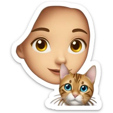 a beautiful girl with blue eyes and brown hair holds a Bengal cat with yellow eyes in her arms sticker