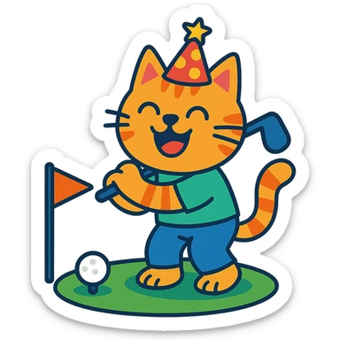 happy cat playing golf on his birthday sticker