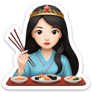 czarnowłosa ksieżniczka w dlugich wlosach je sushi sticker