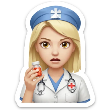 angry blonde nurse with a pills sticker