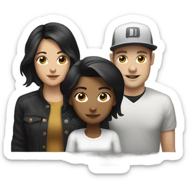 3 people: a white girl with black hair, a brown girl, and a white guy behind DJ turntables together sticker