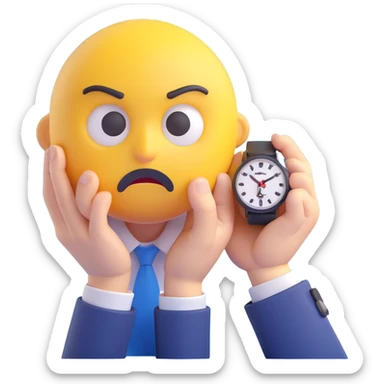 A yellow emoji face with a worried expression, looking at a wristwatch with raised eyebrows, showing urgency and stress sticker