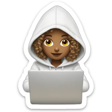 a white tenage curly girl wearing a hoodie working on a laptop sticker