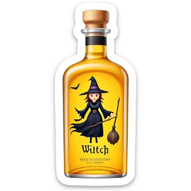 a yellow liquor bottle with a witch on the packaging sticker