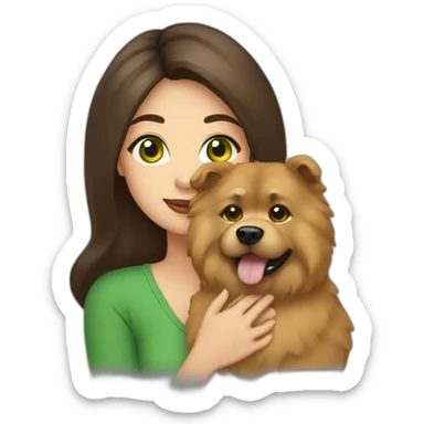 A green-eyed brunette holding a chowchow sticker
