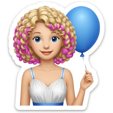 Woman curly blonde with blue balloon, white dress sticker