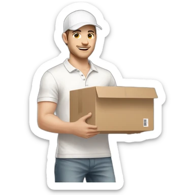 Pale skinned fit Man with dark brown hair in a white cap, gray jeans and beige polo T-shirt keeping a pasted box into his hands sticker