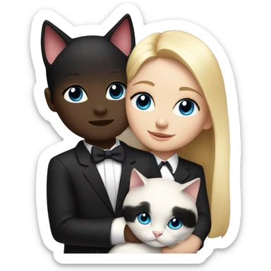 Blonde girl with blue eyes, snuggling a black and white tuxedo cat sticker