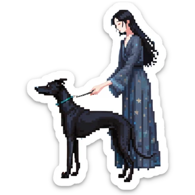 A very beautiful and attractive 25-year-old Japanese woman with long flowing black hair gently petting a SOLID DARK GREY whippet on a beach at night under a starry sky. The woman's hand is lovingly stroking the whippet. The whippet MUST be COMPLETELY SOLID DARK GREY with ABSOLUTELY NO WHITE MARKINGS ANYWHERE - no white chest, no white face, no white paws, no white tip on tail - ENTIRELY ONE SOLID DARK GREY COLOR throughout the entire dog. Deep blue night sky filled with bright stars, moonlight reflecting on the ocean, sandy beach in the foreground. sticker