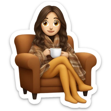 Brunette white girl covered in blanket autumn vibe sitting on a cozy chair holding coffee sticker