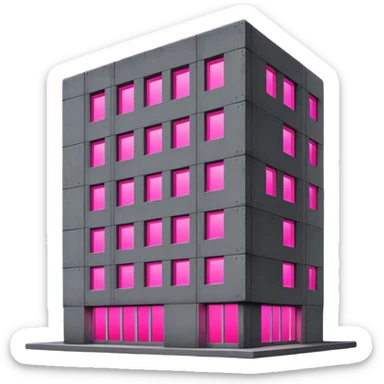 Nighttime scene of a Russian concrete panel building, dark gray rectangular structure against night sky, one window with intense bright pink UV grow light glowing in the darkness sticker