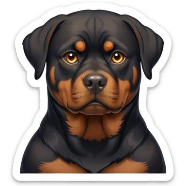 Cinematic Noble Rottweiler Portrait Emoji, Poised and regal, with a powerful, muscular build and a sleek, well-groomed coat of rich black with tan markings, deep-set soulful brown eyes, Simplified yet sharp and sophisticated features, highly detailed, glowing with a soft, dignified glow, high shine, intelligent and commanding, stylized with an air of authority, focused and attentive, soft glowing outline, capturing the essence of a watchful and fearless guardian, so majestic it feels as though it could stride out of the screen with effortless authority! sticker