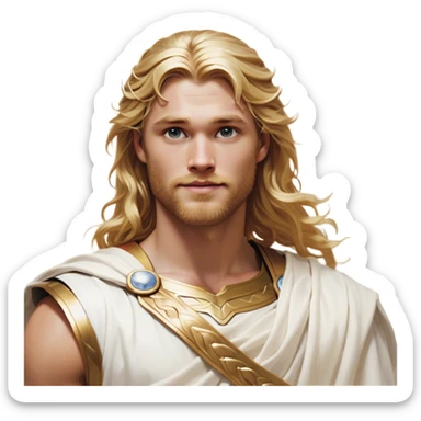 Cinematic Realistic Thor Portrait, head tilted playfully and inquisitively, showcasing his classical Greek god allure with a relaxed, yet commanding presence. His fair, radiant skin and flowing, wavy golden hair are highlighted by a gentle smile and twinkling, approachable eyes. Clad in a gracefully draped white toga with subtle golden embellishments, he exudes a lighthearted yet powerful charm under soft, natural lighting. sticker