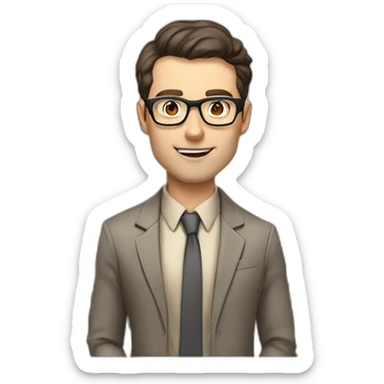 Pale skinned fit man teacher with dark brown hair in gray jacket, beige office shirt, brown tie, brown pants and vintage glasses Draws on the marker board sticker