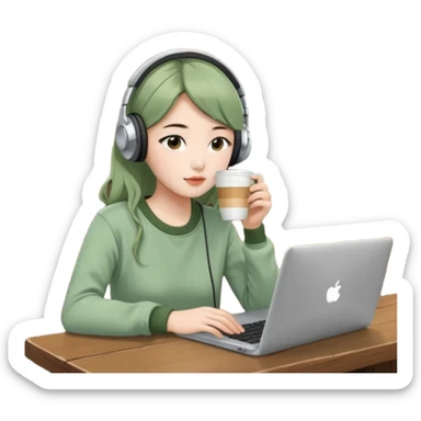 A Korean girl at a dive bar with a laptop and headphones with coffee watchin a korean drama the clothes in sage green sticker