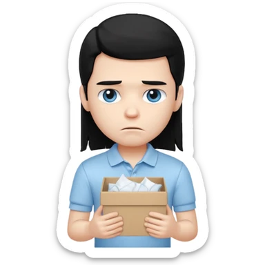 generate a pretty bratz boy with long black hair, wearing a white polo shirt. Looking sad, holding a box of tissues sticker