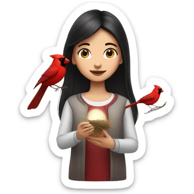 Dark hair girl catches cardinal bird  sticker