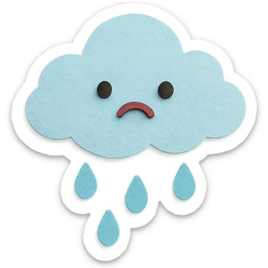 adorable pastel rain cloud, sad face, soft blue raindrops, no arms or legs, full body, kawaii paper craft style sticker