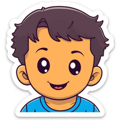 close-up of round smiling toddler boy face only with big eyes, medium skin tone, dark wavy hair, no neck visible, just the face sticker