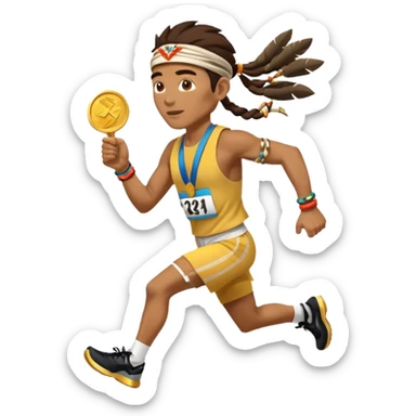 tribal shaman picking running a marathon with gold medal sticker