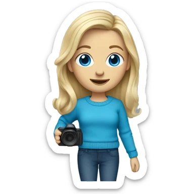 Shoulder length hair blonde in blue sweater with blue eyes holding camera sticker